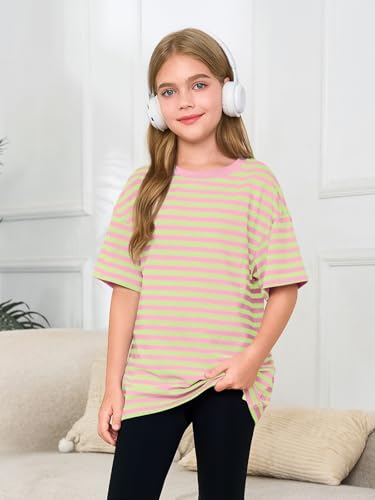 Image of Haloumoning Girls Striped Short Sleeve T Shirts Kids Summer Oversized Tops Casual Crewneck Tees 5-14 Years