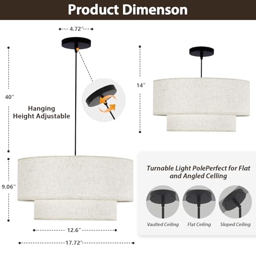 Drum Pendant Light 18" Double Drum Dining Room Light Fixture 3-Light Drum Chandeliers - Image 4