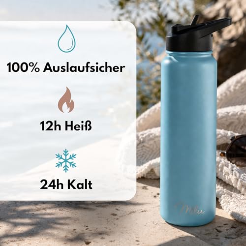 Milu Edelstahl Trinkflasche 500ml 750ml 1000ml (+3 Deckel) Thermosflasche mit Strohhalm, Isolierte Wasserflasche… – Ansicht 6