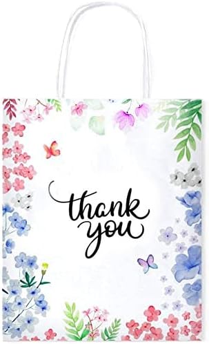 Miniatura 2 de Purple Q Crafts Paquete de 25 bolsas de papel pequeñas de 8 x 4 x 10 pulgadas con asas, diseño floral, bolsas de agradecimiento para negocios,