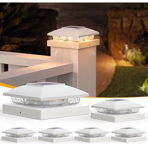 APONUO Solar Post Cap Lights,4x4 Post Solar Lights Warm White Outdoor Waterproof Garden Patio Fence Deck Decor,Solar Fence Post Lights for Fence Deck Caps 4x4 Wood Vinyl,White 6 Pack Cover