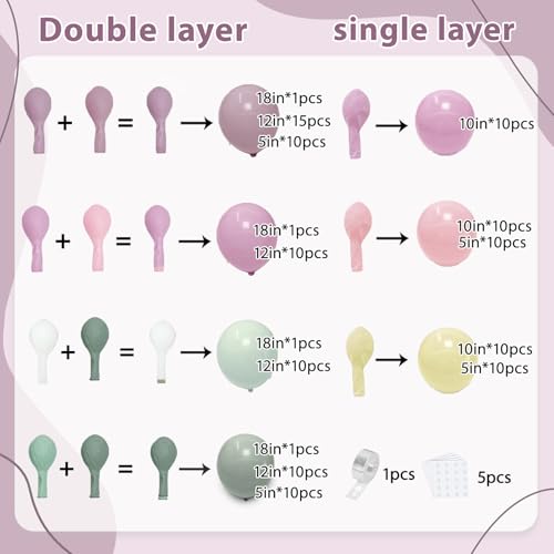 Image of Dusty Green Pink Purple Yellow Balloon arch kit,Double Stuffed Haze Purple Mauve Pink Ivory Sage Green Lilac Light Yellow Balloons Garland for Brithday Wedding Wild Flower Princess Party Decorations