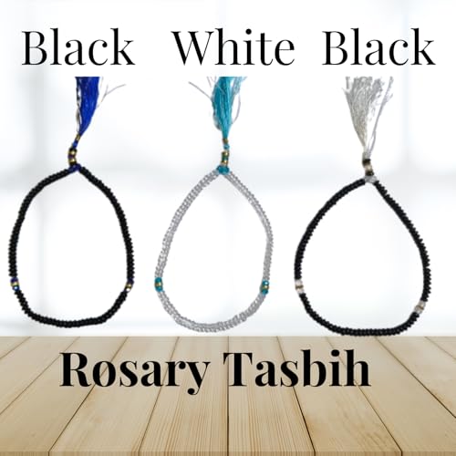 Image of Islamic Salat Prayer Tasbih 100 Crystal White, Black Beads - Tasbeeh for Dhikr, Zikr, and Meditation Fine Beads with Silk Tassel, 34 cm