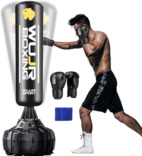 70'' Freestanding Punching Bag with Boxing Gloves Heavy Boxing Bag with Suction Cup Base for Adult Men Stand Kickboxing Bag (Black 70''，Boxing Gloves+Wrist Guard)