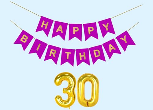 Image of 30th Happy Birthday Decoration Kit Purple for 30 year Old Boys Girls Men with Number Thirty Party Decorations Decor Celebration Items Item Set Combo Reusable Paper Banner