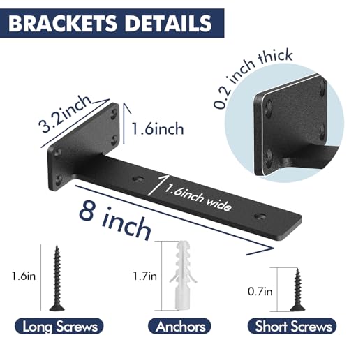 Image of Starunder 12 Pack Floating Shelf Brackets, 8 Inch Heavy Duty Industrial Shelf Bracket, Black Metal L Brackets for Shelves Support DIY(1 /5 Inch Thicked)