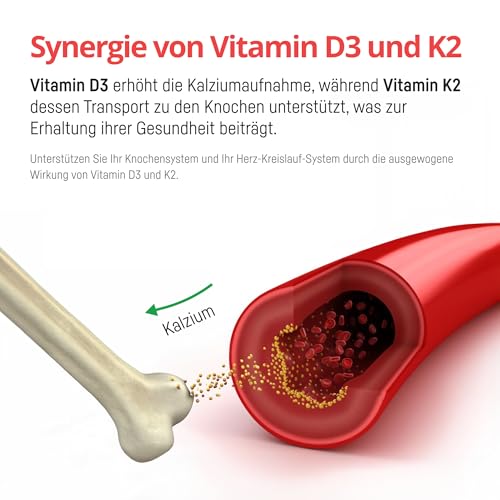 Vitamin D3 K2 Hochdosiert 5000 IE – 240 Softgel Kapseln – K2 MK-7 All-Trans 100µg – Mit Leinöl für bessere Aufnahme – Für Immunsystem, Knochen und Muskeln – Ohne Zusätze 5