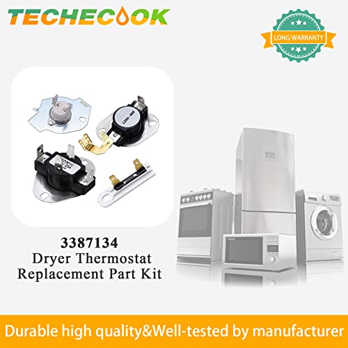 Upgraded 3387134 Cycling Thermostat 3977393 & 3392519 Dryer Thermal Fuse 3977767 High Limit Thermostat Replacement Part Kit by Techecook - Compatible for Whirlpool Kenmore Maytag Dryer
