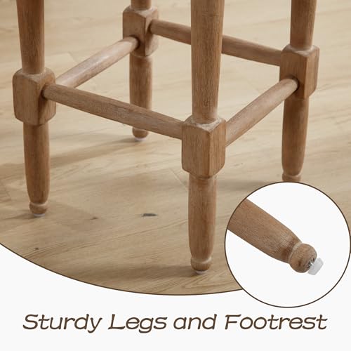 Butacos Altura Barra Set de 2 Butacos sin Espaldar de Madera con Detalle de Tachuelas, Altura 26", para Isla de Cocina/Patio/Balcón, Asiento en Tela Beige y Patas en Color Natural miniatura 5