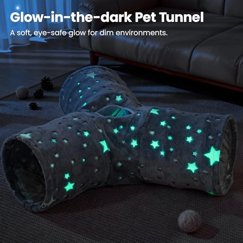Image of Tempcore 3-Way Collapsible Cat Tunnel Toy with Self-Luminous Tube & Teaser Wand, Peek Holes & Hanging Ball, Photoluminescence Play Tunnel for Indoor Cats, Puppy, Rabbit