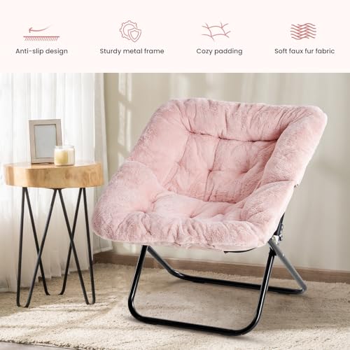 Image of Simple Deluxe Oversized Square Moon Chair for Adults, Soft Faux Fur Folding Lounge Chair with Sturdy Steel Frame, Comfortable Reading Gaming Chair for Living Room, Bedroom, Pink