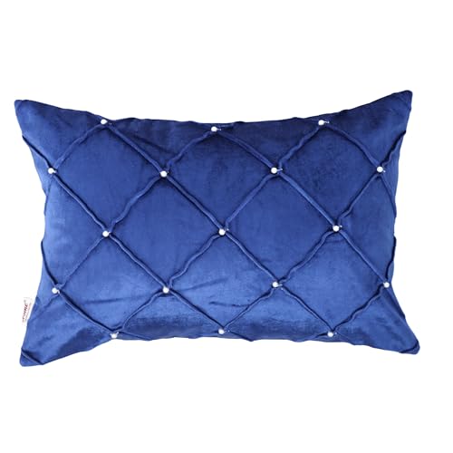 Image of Home - The Best is for You Luxurious Blue Velvet Lumber Cushion Covers with MOTIWORK - Set of 2, 12x18 Inch