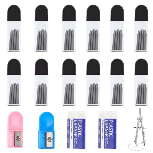 ZEFAN 120 Stück 2B Zirkel Mine, 2mm Zirkelminen-Ersatzminen, 2cm Zirkelminen-Ersatzminen mit 2 Führungsrollen, 2 Radiergummis, Zirkel Mine für Mathe-Zeichnung