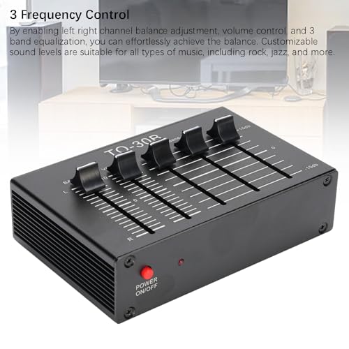 Ecualizador de sonido de 3 bandas, ajuste de graves alto de 12 dB, ecualizador digital de audio dual canal, entrada y salida EQ, control de volumen equilibrado con adaptador de 5 V para tocadiscos miniatura 4