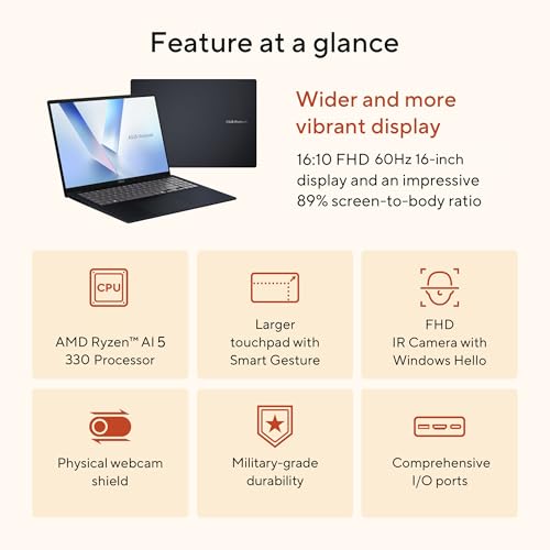 Image of ASUS Vivobook 16 Laptop - Copilot+ PC - 16 inch WUXGA 1920X1200 16:10 Display - AMD Ryzen AI 5 330-16GB RAM - 512GB SSD - Windows 11 Home - Quiet Blue -M1607KA-DH54