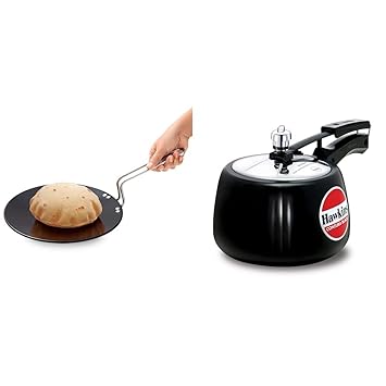 Hawkins Futura Hard Anodised Induction Compatible Roti Tava 24 cm, 4.88 mm and Contura Hard Anodised Aluminium Pressure Cooker, 3 litres, Black