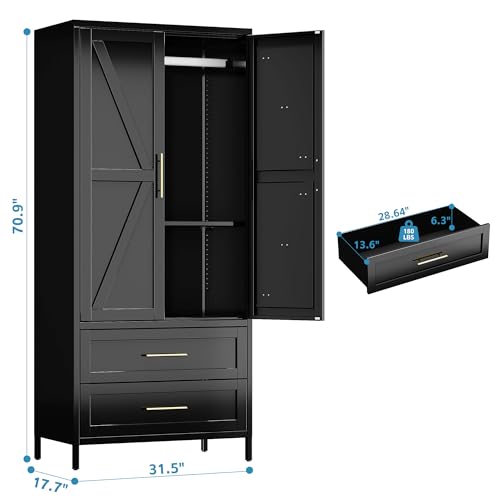 Image of Aobabo Metal Wardrobe Cabinet with 2 Drawer, 71 inch H Metal Armoire Wardrobe Closet with Adjustable Shelf and Hanging Rod for Home, Laundry Room, Office, Installation Required, Black