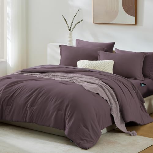 Image of Queen Comforter Set-7 Pieces Soft Prewashed Bed in a Bag Queen Bedding Sets | All Season Comforter with Sheets, Pillow Shams & Pillowcases, Artic Plum