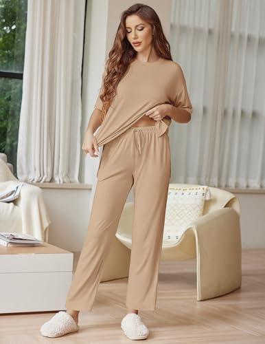Image of Ekouaer Lounge Sets for Women Short Sleeve Tops and Long Pants Soft Comfy Pajamas Set 2 Piece Outfits