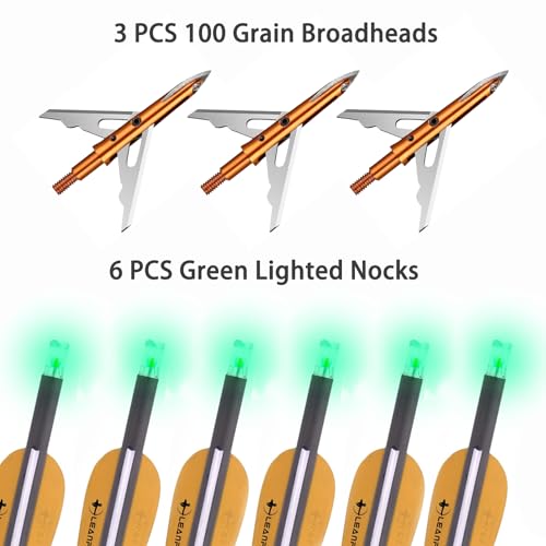LEANPRO Carbon Crossbow Bolts 20 inch Hunting Arrows with 3 Blade Broadhead and Outdoor Practice with Lighted Nocks and 100Grain Mechanical Broadheads (3 Blade)