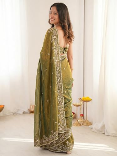 Image of ORHANS Women's Tissue Silk Ethnic Motifs Embroidered Tissue Heavy Work Saree with Embroidered With Unstitched Blouse Piece Blouse Piece | Beautiful Saree for Women | Traditional Indian Sari
