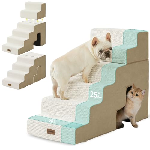 Image of ZOMISIA Dog Steps for High Beds - 6 Step 29 inch H Pet Stairs with Tunnel 2 in 1 with Zippers Suitable for Small Dogs and Cats, Indoor Cat Ladders with Non-Slip Bottom, Beige