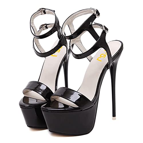 FSJ Women Sky High Stiletto Heel Open Toe Platform Sandals Stripper Heels Patent Leather Ankle Strap Buckle Sexy Party Shoes Size 4-15 US3
