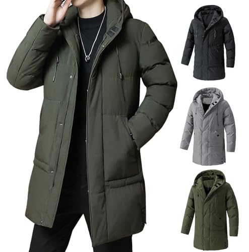 [ANONIE] ダウンコート ダウンジャケット 中綿コート メンズ 無地 ロング丈 中綿入 ジャケット 厚手 フード付き アウター カジュアル 防寒コート ダウンジャケット 大きいサイズ 冬服 green M
