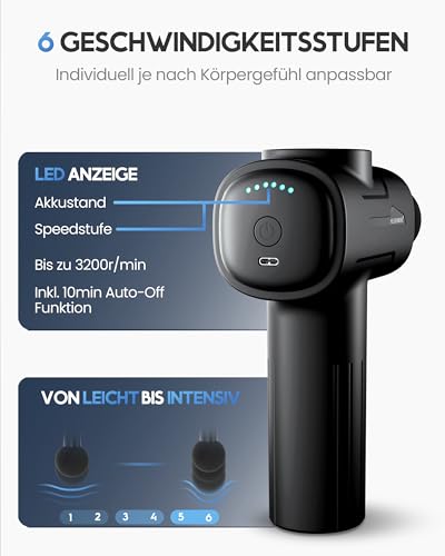 HELDENWERK Massagepistole inkl. 6 Massageköpfen & 3200 U/min I Muskel Massage-Gun mit USB-C Anschluss I Muskel Massagegerät, Massagegun, Muskelmassagepistole, Muskelpistole (Schwarz) 3