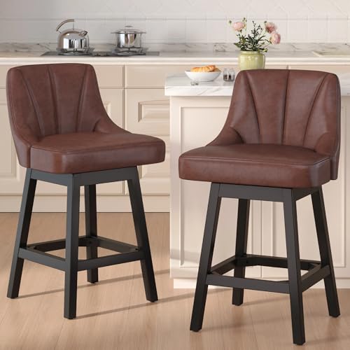Image of YaFiti 26 inch Swivel Bar Stool 1 PC with Back, Square Wood Leg, Leather Brown