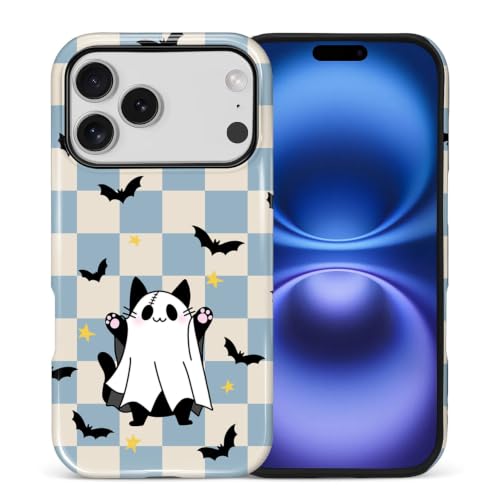 NONMY for iPhone 17 Pro/iPhone 18 Pro Case,Hybrid 2 Layer Hard Shell Silicone Protective Case - Blue Checkered Ghost Cat - Scratch Resistant Shockproof Cover