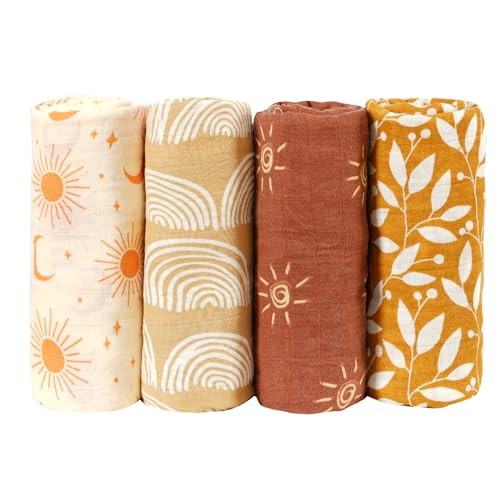 Image of 4 Set Muslin Swaddle Blankets Receiving Blanket for Newborn Baby | Boys, Girls Cute Soft Print Baby Towel Wrap 120x110cm Baby