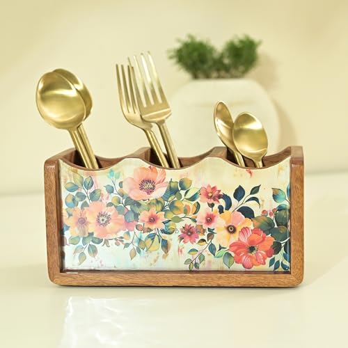 Image of Brick Brown Premium Wooden Pastel Flora Cutlery Holder Spoon stand for kitchen | cutlery holder for dining table | wooden caddy storage organiser stand with 3 section Caddy holder (8.2x4.2x4 inch)