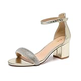 Amoji Women's 2.5 Inch Block Rhinestone Heels Low Sparkly Heels Dressy Sandals Ankle Strap Lady Chunky Heeled Sandals D301 Gold Size 7.5 women