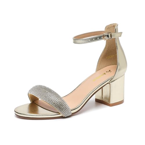 Amoji Women's 2.5 Inch Low Heel Ankle Strap Dressy Sandals 301 9 Rhinestonegold