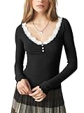 Photo Gallery baigram camicie henley da donna con scollo rotondo in pizzo a maniche lunghe stile vintage estetico a costine crop top per uscire camicia aderente, nero, m Photo Gallery baigram camicie henley da donna con scollo rotondo in pizzo a maniche lunghe stile vintage estetico a costine crop top per uscire camicia aderente, nero, m