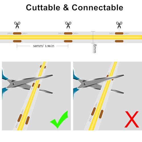 Image of COB LED Strip, Warm White LED Strip Lights 16.4ft, 3000K COB LED Light Dimmable LED Strip, CRI92+, 8mm Width, 24V Flexible COB LED Tape Light for TV, Bedroom, Kitchen Cabinet, Closet, Home.