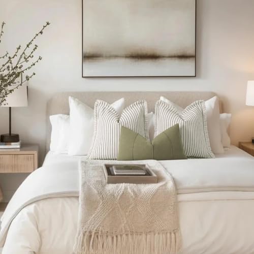Image of ZWJD Throw Pillow Covers 18x18 Set of 2 Striped Pillow Covers with Fringe Chic Cotton Decorative Pillows Square Cushion Covers for Sofa Couch Bed Living Room Farmhouse Decor (Olive Green)