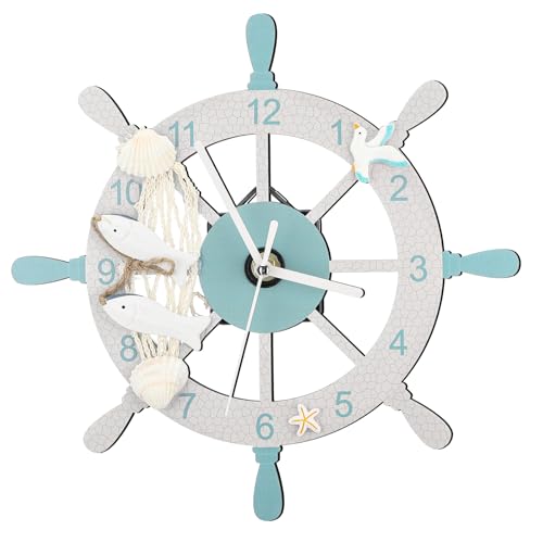 Liliaafar Coastal Beach Wall Clock 10 Inch Wooden Nautical Beach Boat Ship Steering Wheel Wall Clock Battery Operated Shell Fish Nautical Decorations for Home Kitchen Living Room Office Bedroom