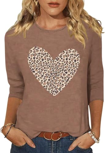 Image of Women's Valentine 3 /4 Sleeve Round Neck Shirt Funny Love Heart Graphic Tee Casual Couple Top Blouse