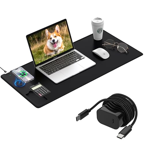 Image of Mouse Pad 31.5x15.75 Inch with Calculator, 15W Magnetic Wireless Charging Desk Mat, XXL Desk Pad, Home Office Large Keyboard Pad with Ultra-Smooth Surface, Non-Slip Base (Black with 20W PD Charger)
