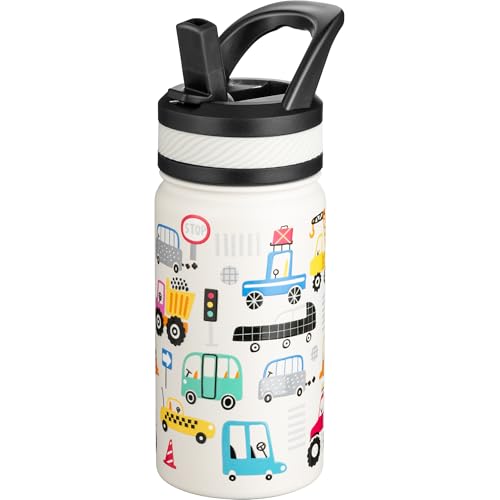 Image of Fanhaw 14 Oz Kids Insulated Water Bottle with Straw - Stainless Steel Double Wall Vacuum Cup, Leakproof, BPA Free, Suitable for Boys and Girls(White - Heavy Traffic)