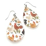 Chicken Patterned Acrylic Dangle Teardrop Earrings for Women Lightweight Hypoallergenic Stainless St
