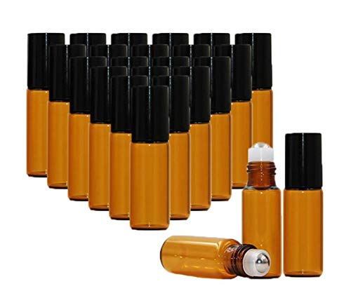 24 Pcs 5ML 0.17OZ Empty Refillable Amber Roll-On Bottles with Stainless Steel Roller Essential Oil Eye Essence Fluid Container Makeup Sample Dispense Vial with Black Cap