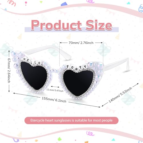 Etercycle 40th Birthday Sunglasses, Hello Forty Heart Glasses 40th Birthday Decorations For Women Men, White Shiny Diamond Pearl Glasses Happy Birthday Gifts2