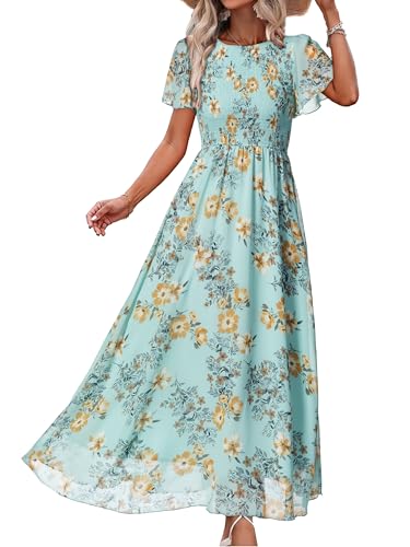 Image of Simplee Womens Casual Floral Summer Maxi Dress 2026 Boho Flowy Short Sleeve Crew Neck Vacation Smocked Chiffon Dresses