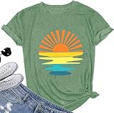 Sunrise Sunset Sunshine T Shirt for Women Outdoor Workout Lake Beach Sea Nature Adventure Graphic Tee Top, Light Green M