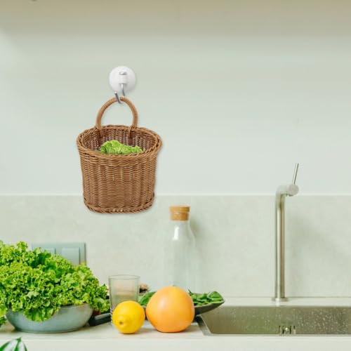 Image of Balacoo Wall Hanging Basket, Woven Imitation Rattan Storage Basket, Hanging Flower Basket for Kitchen Wall Decor, 10.03 X 6.29 X 6.29 Inch, Brown