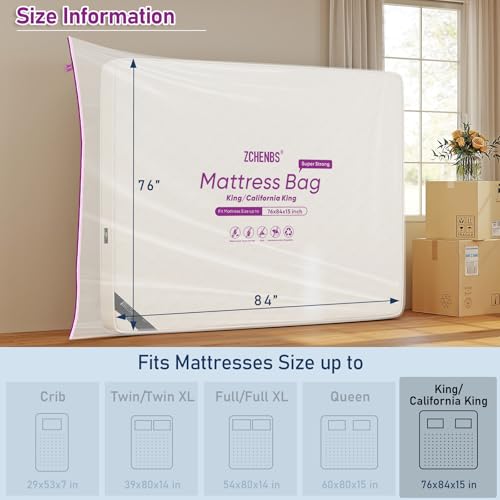 Image of ZCHENBS - King Mattress Bags for Moving, Waterproof Storage Bag with Zipper, Heavy-Duty 5 Mil Ultra-Thick California King Mattress Protector Cover for Moving, Reusable (Transparent /Purple, 2 Pack)