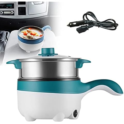 APENCHREN 12V/24V Car Electric Frying Pan with Steamer, 2L Non-Stick Electric Skillet 18cm, Electric Hot Pot Mini Travel Cooker for Pasta, Noodles, Vegetables, Meat, Eggs,12VGreen Cover